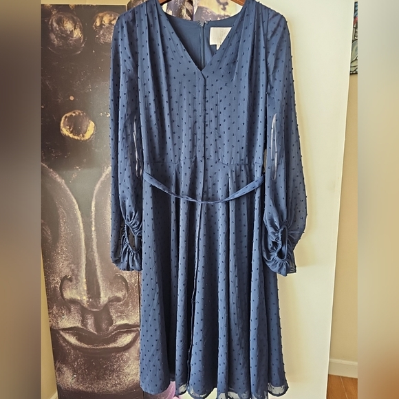 Gal Meets Glam Retro Andrea A-Line V Neck Sheer Balloon Sleeves Swiss Dot Dress - Picture 8 of 14